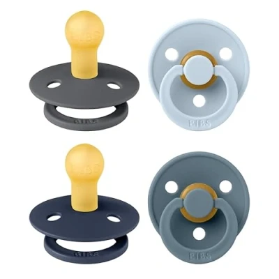 Immagine di BIBS Colour, Set di 4 ciucci, succhietto senza BPA, Tettarella tonda. Lattice gomma naturale, Prodotto in Danimarca/UE. 0 6 mesi (set da 4), Deep Space Mix
