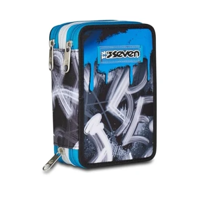 Immagine di Seven Astuccio Scuola 3 Zip, Grigio Azzurro, Portapenne Triplo Scomparto Completo Di Penne, Matite, Colori, Accessori Zaino, Elementare, Bambino