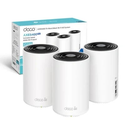 Immagine di TP Link Deco XE75 Pro Router Mesh WiFi 6E, AXE5400Mbps Tri Band, Nuova Banda da 6 GHz, Porta Ethernet 2,5 Gbps, AI Mesh, Ripetitore WiFi, Access Point, Alexa, 3 Pezzi con Copertura fino a 670㎡