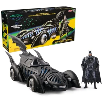 Immagine di dc comics, set Batman FOREVER Batmobile + action figure di Batman, rétro da 12,7 cm, semitrasparente 50 edizione collezione, per fan dai 4 anni in su