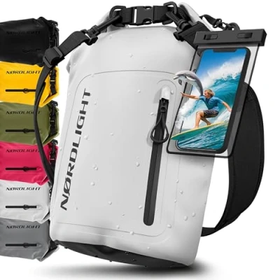 Immagine di Nordlight Dry Bag Sacca Impermeabile + Custodia per Cellulare Chiusura Arrotolabile, Tracolla Zaino Stagna Borsa Spiaggia, Canoa, SUP, Immersioni Bianco, 20 Litri