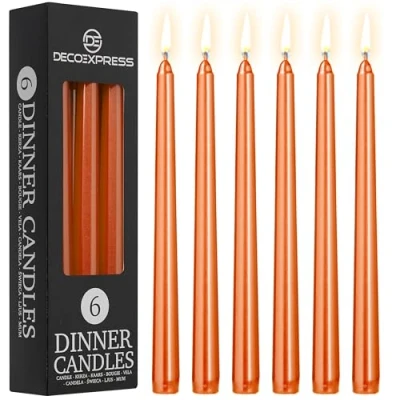 Immagine di DECO EXPRESS Candele Lunghe Pacco da 6/10/15/50 8 Ore Lunga Durata per Candelabro Non profumato (Arancione metallizzato Confezione 6)
