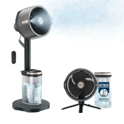 Immagine di Shark FlexBreeze Pro Mist Ventilatore per Interni ed Esterni senza Filo con Nebulizzatore, Portatile, Raggio 20 m, a Piantana o da Tavolo, 5 Velocità, Silenzioso, Telecomando, Grigio Antracite FA300EU