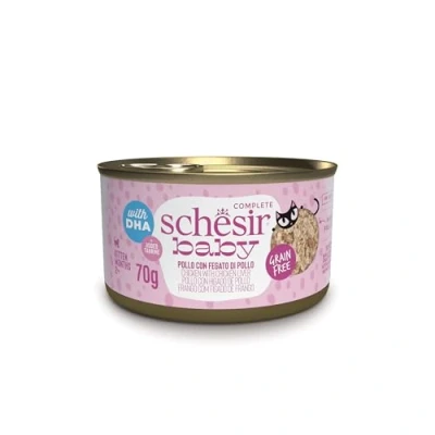 Immagine di Schesir Baby, in brodo Gusto Pollo e Fegato con DHA Taurina, Cibo Umido Completo per gattini (Lattine 12 da 70g)