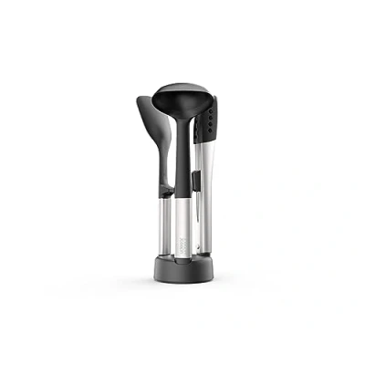 Immagine di Joseph Elevate Set di 3 Utensili Cucina, Accessori in Silicone, Mestolo, Spatola, Pinze, senza BPA, Antiaderenti, Resistenti al Calore, Manici Acciaio Inox, con Portautensili