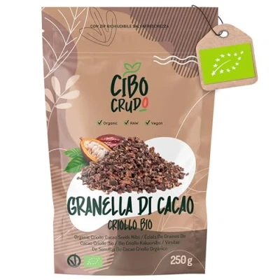 Immagine di Granella di Cacao Crudo Biologico 250g. da Fave Crude. Nibs Grue o Semi Bio. Naturale e Puro.