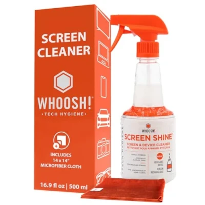 Immagine di WHOOSH Kit per la pulizia dello schermo, ideale smartphone, iPad, occhiali, Kindle, touch screen e TV, include 1 unità da 500 ml, (35x35cm) W! Panno