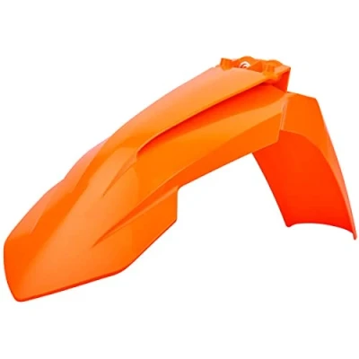 Immagine di POLISPORT 8574200008 Parafango anteriore replica OEM realizzato in plastica lucida durevole e resistente compatibile con le moto KTM colore arancia