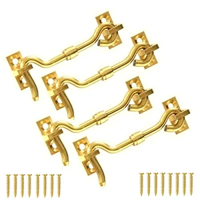 Immagine di TERF® Gancio per porta e serratura a occhiello, in ottone lucido, 100 mm, con vite di fissaggio porta, cancello, finestra, armadio, capannone, confezione da 4