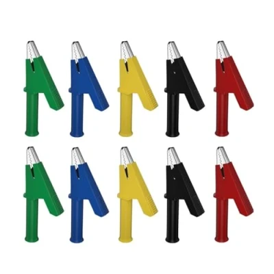 Immagine di Aofan Confezione da 10 clip a coccodrillo in metallo isolate 5 colori, 380 V, 20 A, 4 mm, con spina banana, coccodrillo, per multimetro e tester