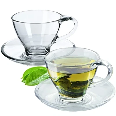 Immagine di KADAX tazza in vetro con sottovaso, 200 ml/250 ml, set di tazze trasparente, da tè, caffè, piattino, sottobicchiere (Hannah/2 pezzi)