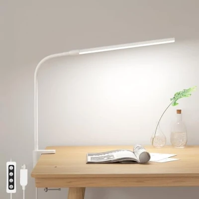 Immagine di Lepro Lampada da Scrivania LED con Morsetto, Tavolo 3 Modalità, 10 Livelli di Luminosità, Luce Dimmerabile e Protezione degli Occhi per Lettura, Studio, Ufficio, Bianco