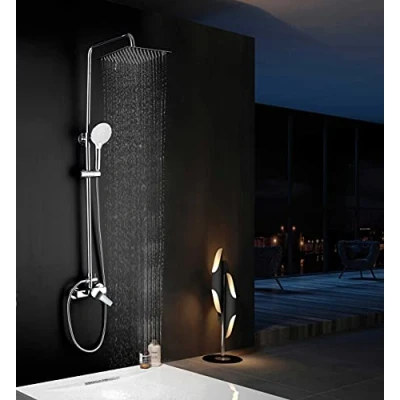 Immagine di Elbe Sistema doccia inox 304 con miscelatore, a pioggia, colonna raccordo doccia, soffione angolare 25x25cm, set cromato