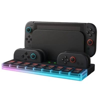 Immagine di Stazione di Ricarica per Nintendo Switch 2 MMOBIEL Caricatore 4 Joy con Controller Illuminazione RGB, 9 Slot Giochi, Indicatori LED Dock Organizzatore NS2 Accessori