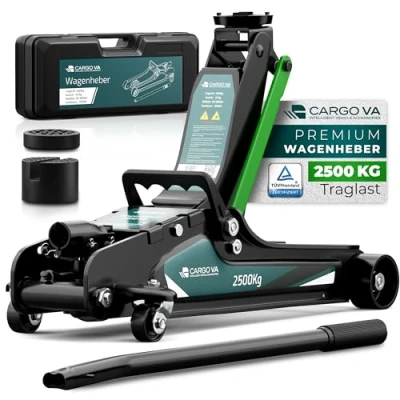 Immagine di Cric idraulico per auto 2,5 T certificato TÜV altezza di sollevamento 85 380 mm inclusi 2 tamponi in gomma e custodia