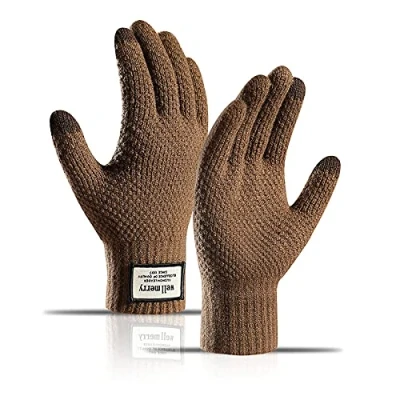 Immagine di BSLVWG Winter Touch Screen Gloves Men Anti Slip Thermal Knit Mens Thickened Elastic Windproof Cuff Warm Fluff Lining for Driving Running Sport Typing (khaki)