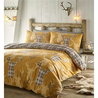 Immagine di Homemaker Set copripiumino rustico con cervo e tartan a quadri ocra senape reversibile (king size)