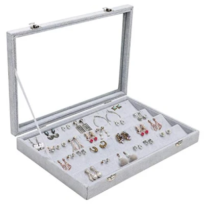Immagine di BELLE VOUS Porta Orecchini Espositore Gioielli in Velluto Grigio con 40 Slots e Coperchio Trasparente Cofanetto Portagioie Donna a 4 Livelli