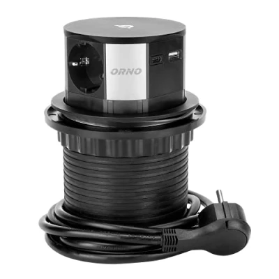 Immagine di ORNO GM 9017(GS) Presa da mobile estraibile Ø10cm con caricatore induttivo, USB e cavo 1,5m 3x2P+T (Schuko) Qi 1.2.4 max. 10W 2xUSB QC 3.0