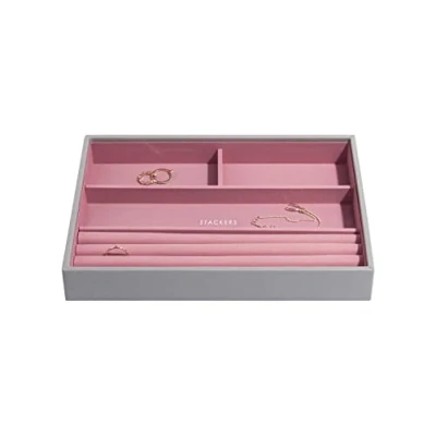 Immagine di STACKERS by LC Designs ‘CLASSIC SIZE’ Dove Grey Ring/Bracelet Section STACKER Jewellery Box with Antique Pink Lining.