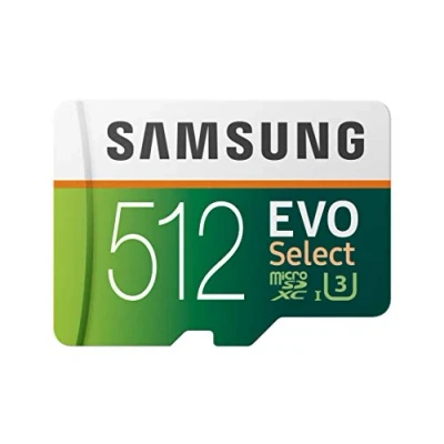 Immagine di Samsung EVO Select 512 GB microSD 100 MB/s e 90 MB/s, velocità, scheda di memoria Full HD 4K UHD con adattatore SD per smartphone, tablet, action camera, drone notebook