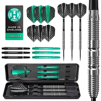 Immagine di Harrows NX Elite 90% Tungsten Steel Tip Darts Set 21 g a 26 Tutti i Pesi Disponibili Enorme da 17 Pezzi con aste Supergrip, Alette Quantum e Custodia Viaggio (21g)
