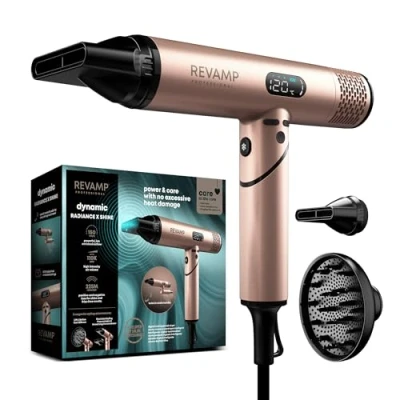 Immagine di REVAMP Dynamic Radiance X Shine Asciugacapelli Portatile Motore Digitale Intelligente per Asciugatura Rapida Leggero, Silenzioso, Aria Fredda 3 Accessori Magnetici Styling Pro