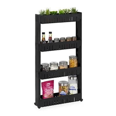 Immagine di Relaxdays Mobile Salvaspazio, 4 Ripiani, Scaffale Stretto per Bagno &amp; Cucina, Carrello Portaoggetti in Plastica, Nero