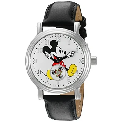 Immagine di Disney Mickey Mouse Orologio analogico al quarzo con lancette articolate, per adulti, Argento, Nero Piatto, Vintage