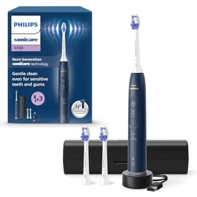 Immagine di Philips Sonicare 6100, spazzolino elettrico sonico con 2 modalità di spazzolamento e 3 livelli intensità, avviso pressione, EasyStart, SmarTimer, custodia da viaggio, blu navy, modello HX7403/01