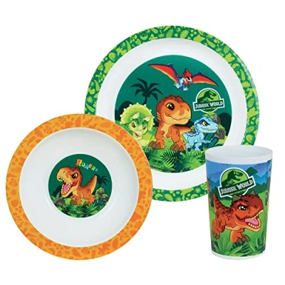 Immagine di FUN HOUSE 006066 JURASSIC WORLD DINOSAURE Set pasto composto da piatto Ø 22 cm, cavo o ciotola 16 cm e bicchiere 220 ml per bambini, multicolore