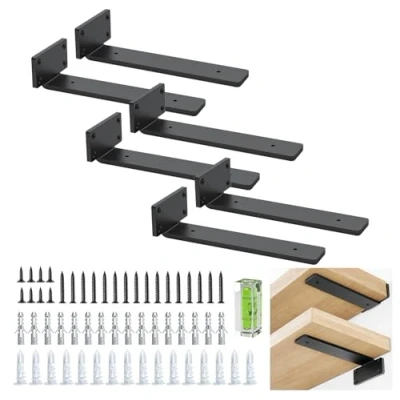 Immagine di Mensola angolare 20 cm (0,4 cm) di spessore, confezione da 6 supporti per scaffali sospesi, nascosti, rustici, industriali, con finitura in ferro moderna, colore nero