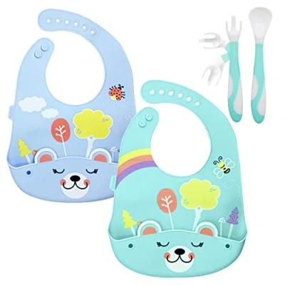 Immagine di Brunoko 2 Bavaglini in silicone + posate per bambini 3in1 impermeabili utensile (cucchiaio forchettone) Set pappa senza BPA Lavabile lavastoviglie