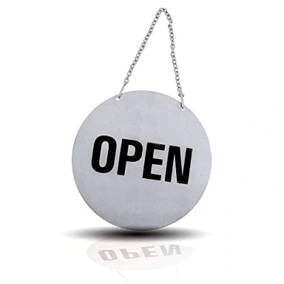 Immagine di Kerafactum Cartello aperto chiuso per porta, aperto, chiuso, con catena, rotondo, in acciaio inox spazzolato, opaco, lucido, sospeso, stile US