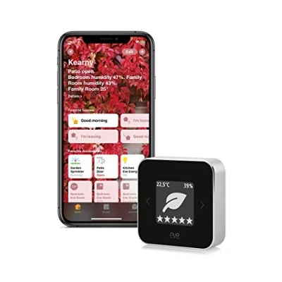 Immagine di Eve ZM 51946 Room Indoor Air Quality Monitor for tracking VOC, temperature &amp; humidity; e ink display, no bridge necessary, Bluetooth Low Energy (HomeKit), Black
