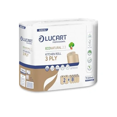 Immagine di Lucart Professional, EcoNatural 2.3, Asciugatutto in Fiberpack, Ideale per Ambienti professionali e Uffici, 2 rotoli da 200 Fogli, 23x21 cm, Confezione 12