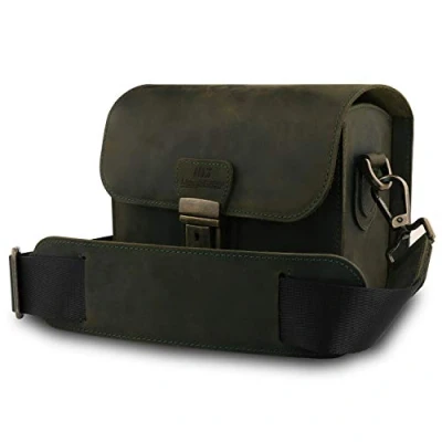 Immagine di MegaGear Pebble MG1723 Borsa messenger in vera pelle per fotocamera mirrorless, istantanea e DSLR, colore: Verde oliva