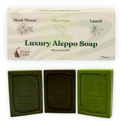 Immagine di GREEN FADEL (Luxury) Sapone di Aleppo Originale, Set da 3 pezzi: Alloro, Aloe Vera, Muschio, con Olio d&#039;Oliva e all&#039;Olio d&#039;Oliva, Luxury Soap