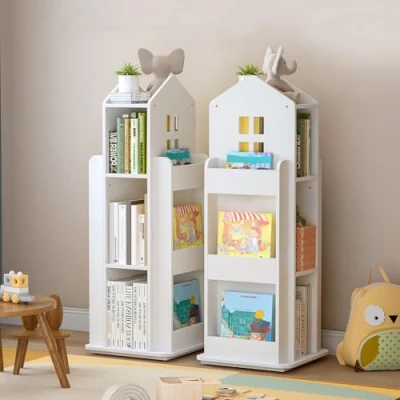 Immagine di tonchean libreria girevole a 3 livelli forma di castello per bambini bianca alta da pavimento scaffale libri giochi giocattoli organizzatore