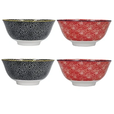 Immagine di KitchenCraft Set di 4 ciotole in gres smaltato, motivo floreale rosso e nero, 15,5 x 7,5 cm, confezione regalo