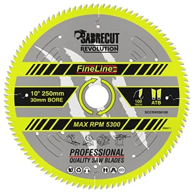 Immagine di 1 lama per sega circolare SabreCut SCCSW250100 da 250 mm 100T x 30 foro FineLine sottile legno compensato MDF truciolato taglio trasversale e a strappo compatibile con Dewalt Makita