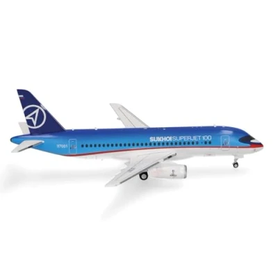 Immagine di Herpa modello di aereo Sukhoi Civil Aircraft Superjet 100 97001 in scala 1:200 aereo, pezzo da collezione, miniatura deco, statuetta con supporto metallo