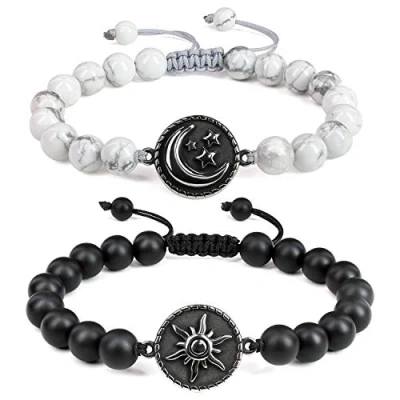 Immagine di COAI Coppia di Bracciali della Distanza per Lui e Lei in Onice Opaco Azzurrite con Amuleto Sole Luna
