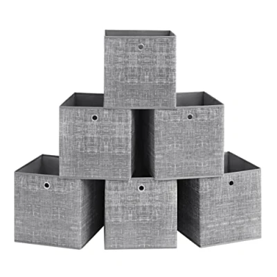 Immagine di SONGMICS Scatole Portaoggetti, Set di 6 Contenitori in Tessuto Non con Manico, 33 x cm, Unità Organizzazione, per Scaffale, Pieghevoli, Porta Abiti, Grigio Melange RFB033G01