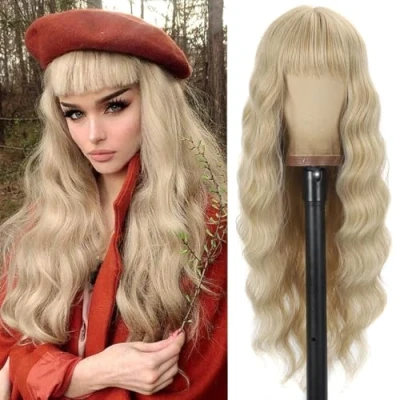 Immagine di YEESHEDO 30 pollici Parrucche da bionda lunghe ondulate con frangia per le donne, parrucca sintetica resistente al calore cosplay di festa
