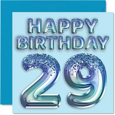 Immagine di Stuff4 Biglietto di auguri per 29 compleanno, da uomo, con palloncini blu glitterati, anni, fratello, figlio, nipote, zio, 145 mm x