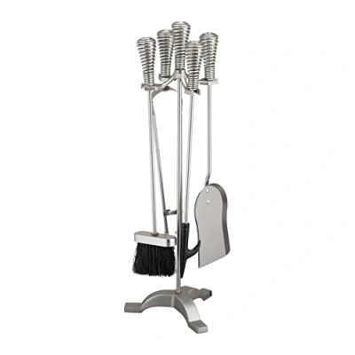 Immagine di Relaxdays Set Attrezzi da Camino, 5 Accessori, Attizzatoio, Paletta, Scopino, Pinza e Supporto Porta Utensili, Argentato