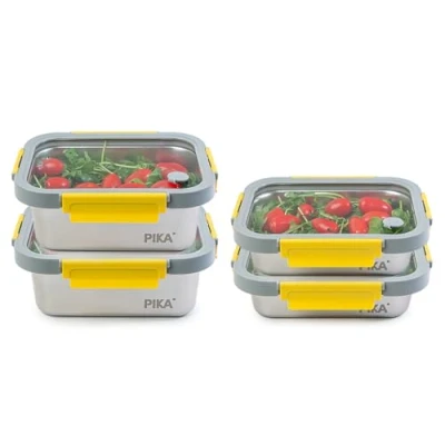 Immagine di Pika Set di 4 contenitori per alimenti in acciaio inox e coperchio vetro temperato Ermetico leggero Compatibile con microonde, forno, congelatore MetalShock (2x820 + 2x1200ml)