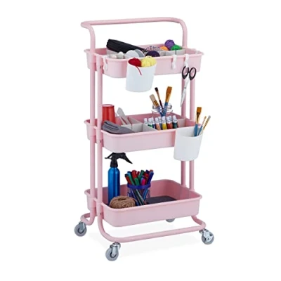 Immagine di Relaxdays Carrello da Cucina con Ruote, 3 Ripiani, 2 Freni, Portaoggetti per Bagno e Ufficio, HxLxP: 86x43x42 cm, Rosa