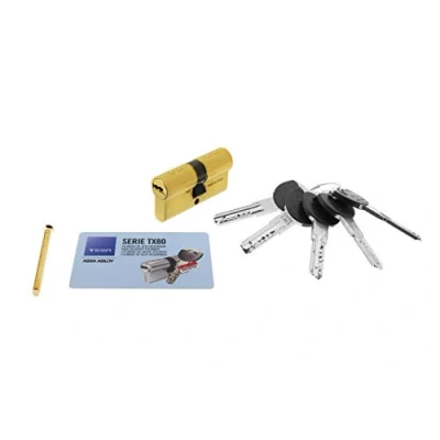 Immagine di Tesa Assa Abloy, TX853050L, cilindro ad alta sicurezza, TX80, doppia frizione, camma lunga, chiave, ottone, 30 x 50 mm